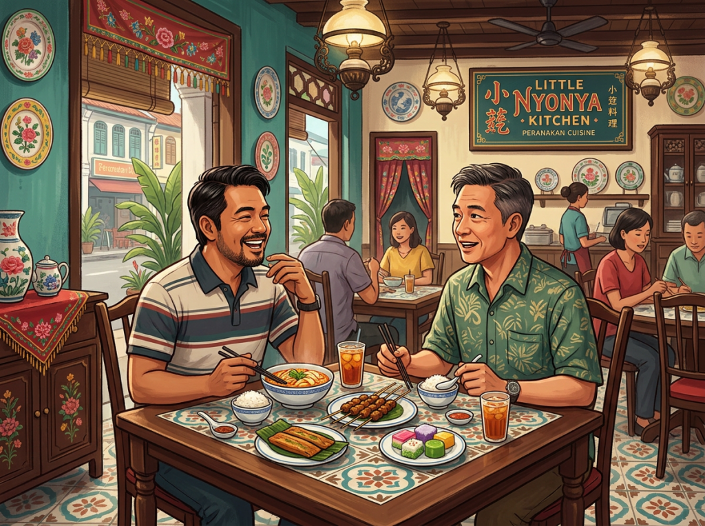 Two men eating Peranakan food at a decorated restaurant with a sign reading Little Nyonya Kitchen